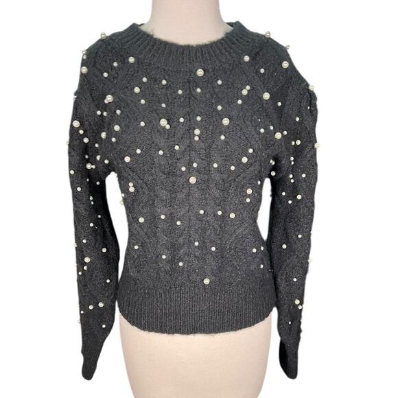 ASTR The Label Crew Neck Black Faux Pearls Knit Sweater Long Sleeve Size Small - Picture 1 of 12